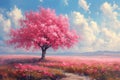 Lonely standing blooming spring tree. Oil painting in impressionism style