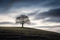 A lonely standing tree without foliage on a slope with brown grass and a gray rainy sky