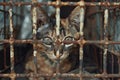 Lonely stray cat in shelter cage abandoned feline behind rusty bars, seeking home and food