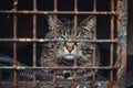 Lonely stray cat in shelter cage abandoned feline behind rusty bars, yearning for care