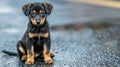 Lonely stray dog abandoned puppy sitting alone in rain, lost and hungry, seeking adoption