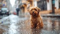 Lonely stray dog abandoned in rain, sitting hungry and lost, seeking adoption outdoors