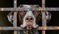 Lonely stray dog in shelter cage abandoned, hungry, and hopeful behind rusty bars