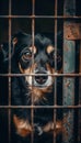 Lonely stray dog in shelter cage abandoned, hungry, and hopeful behind rusty bars