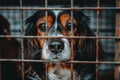 Lonely stray dog in shelter cage, abandoned, hungry, and hopeful, waiting for a loving home