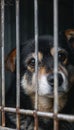 Lonely stray dog in shelter cage abandoned, hungry puppy seeks owner on streets