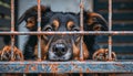 Lonely stray dog in shelter cage abandoned, hungry, and sorrowful behind rusty bars