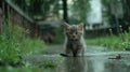 Lonely stray kitten in rain seeking help in streets for pet rescue and adoption charity