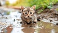 Lonely stray kitten in the rain urgent need for rescue and shelter for abandoned pet