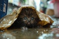 Lonely stray kitten in rainy street seeks pet rescue, adoption, charity assistance