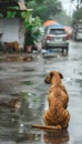 Lonely stray puppy abandoned, hungry, and wet in the rainy street, seeking adoption