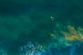 Lonely surfer lying on surfboard in vast ocean.