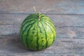 Lonely tabby green watermelon is on the old shabby gray - blue wooden table