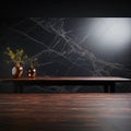 Lonely table, sleek marble, ebony counter, against dark backdrop