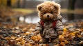 Lonely Teddy bear doll standing alone with blurry autumn forest background,Lost brown bear toy looking sad,International missing