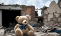 Lonely teddy bear on the ruins of a house after a war. Generative AI