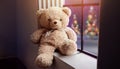 Lonely Teddy Bear Sitting nearby Window in House on Christmas Ni