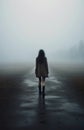 a lonely teen girl wearing a short dress and tall boots. winter foggy background. long black hair. 13 year old girl.