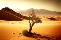 lonely thin tree in desert of sand and rare camel thorns against background of low mountains Royalty Free Stock Photo