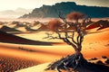 lonely thin tree in desert of sand and rare camel thorns against background of low mountains Royalty Free Stock Photo