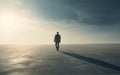 Lonely tiny man stands in desert, footprints, sunny day loneliness concept. Generative ai Royalty Free Stock Photo