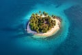 Lonely tiny round island with palm trees in the ocean, top view, generative ai Royalty Free Stock Photo