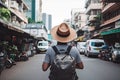 Lonely tourist with a backpack on the city street view from the back. Generative ai