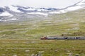 Lonely train at plateau with meadow and snowy mountains in Background Royalty Free Stock Photo