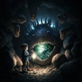 Lonely traveler boy in underworld with aliens digital art