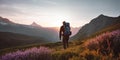 Lonely traveler tourist with a backpack against the backdrop of blooming mountains and sunset. Generative ai