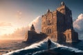 A lonely traveler walking on the sea to a castle by the sea on sunset