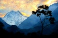 A lonely tree against the background of the Himalayan mountains and the sunset. Nepal.