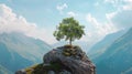 Lonely tree on cliff top at on blue sky background, scenic view of mountains in summer, amazing landscape with rock and green