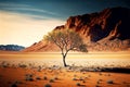 lonely tree in desert against background of mountain wall Royalty Free Stock Photo