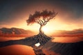 lonely tree with dried roots in rays of beaful sunset against background of desert
