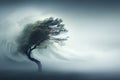 Lonely tree in the fog fighting strong wind.ai generative