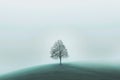 Lonely Tree with foggy landscape on mountain. Fantastic illustration of beautiful nature. Minimalist surreal Landscape.