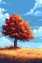 Lonely Tree Growing Meadow, Pixel Nature Landscape, 8bit Retro Video Game, Vertical Natural Gaming Asset Loading Screen Seasonal