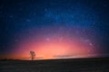 Lonely Tree Growing In Spring Field At Sunset Sunrise. Amazing Bold Bright Morning Sunrise Evening Sunset Sky Above Dark