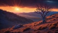 Lonely Tree on Hill at Sunset Royalty Free Stock Photo