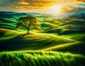 Lonely tree on lush green grass in front of blue sky on a hill in Tuscany countryside, sunset in Italy