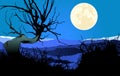 Lonely tree on moonlight night. Landscape with full moon in starry sky