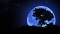 Lonely tree in the night. Blue moon rising over hill. Royalty Free Stock Photo
