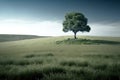 Lonely tree over the hill in a vast meadow. Copy space for text. Royalty Free Stock Photo