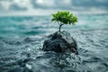 Lonely Tree on a Rock in the Ocean Surrounded by Waves Under Cloudy Sky Royalty Free Stock Photo