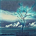 Lonely tree on the sea shore. Silhouette of lifeless tree on the beach Royalty Free Stock Photo
