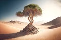 lonely tree and small shrub grow contrary to conditions of life in desert