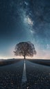 Lonely tree stands sentinel on asphalt road under starlit sky