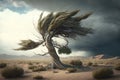 Lonely tree twisted by the strong winds, illustration generated by AI