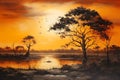 Lonely Tree in a Vibrant Outback: A Scenic Tale of Sunset, Birds